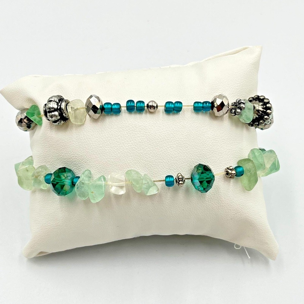 Vintage Green Fluorite Chip & Teal Crystal Beaded Bracelet Set of 2 -Silver Tone